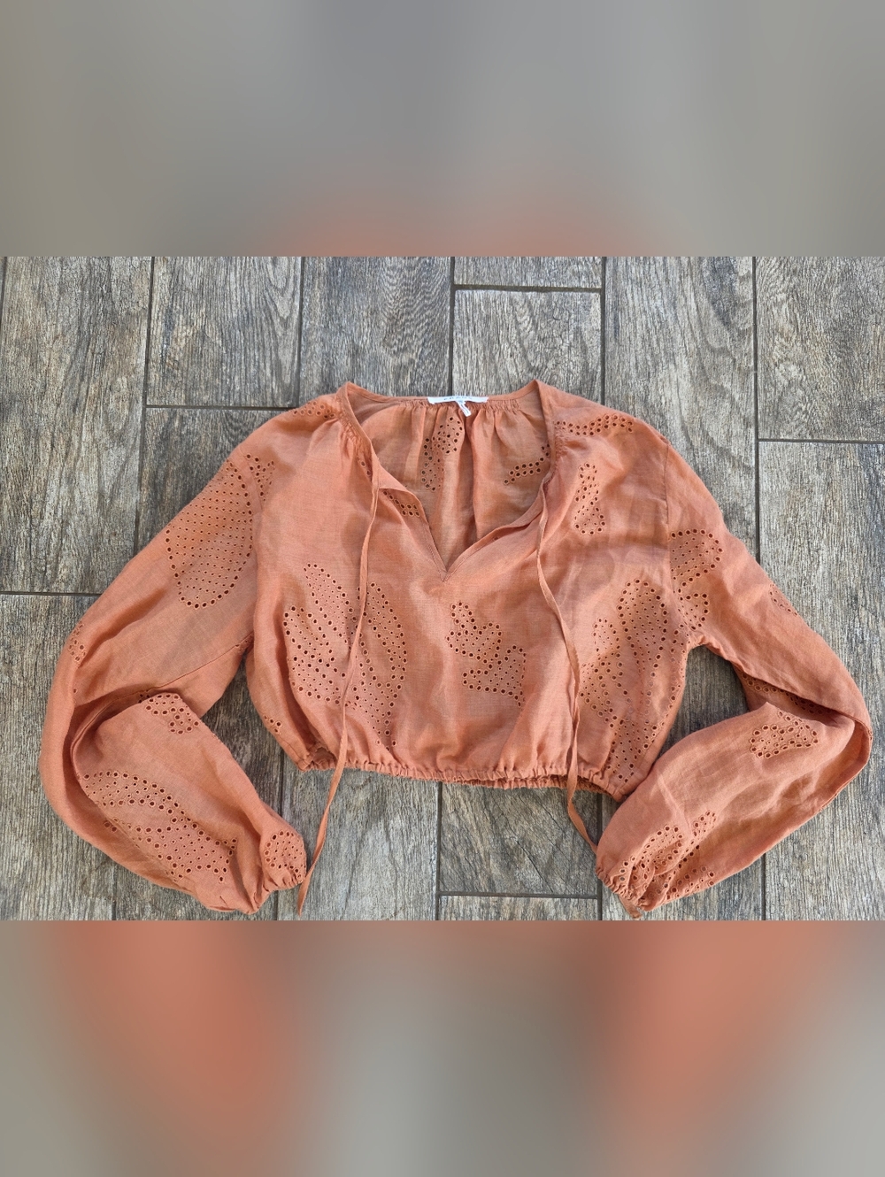Frame Eyelet Cropped Balloon Sleeve Top Orange Sz XS